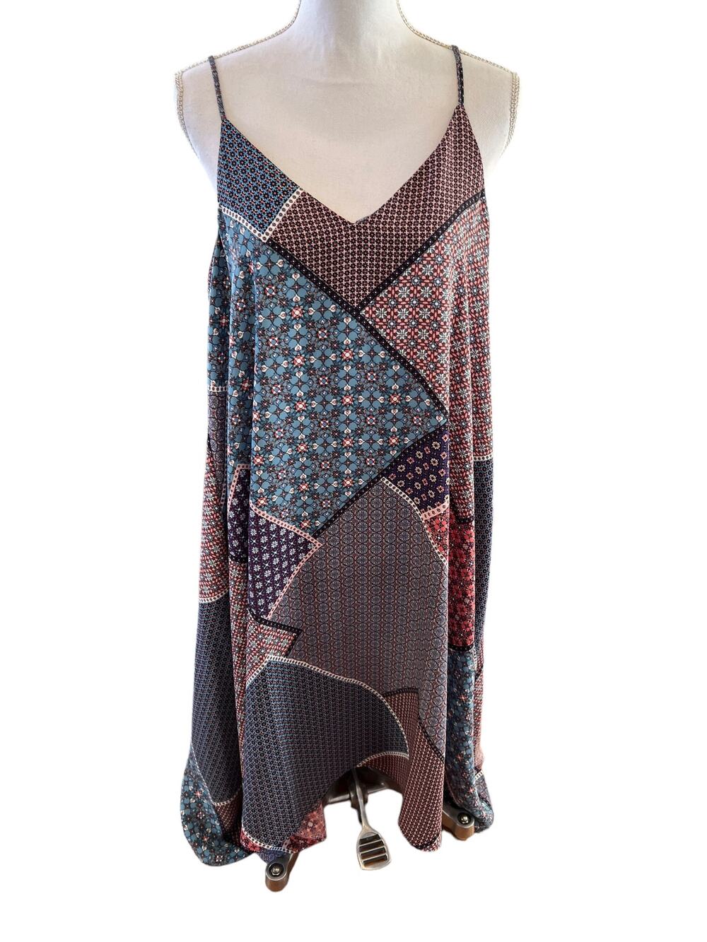Artisan NY Midi Sundress Blue Pink Boho Patchwork Print L